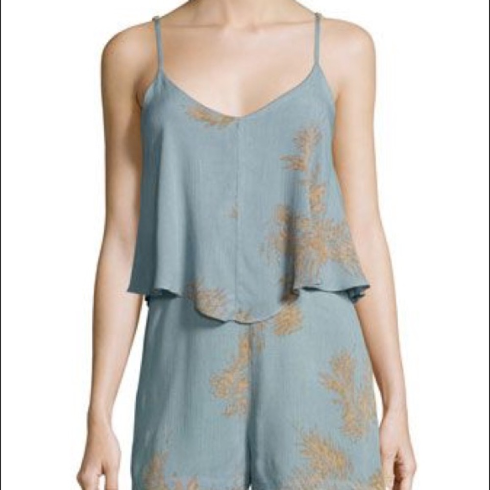 Luna Palm-Print Romper, Light Blue